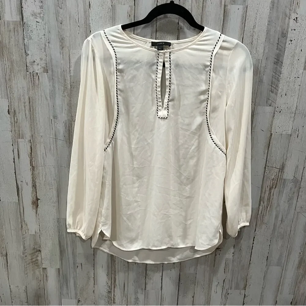 J. Crew Cobalt Cream V Neck Long Sleeve Peasant Top Blouse Tassel Trim B5046